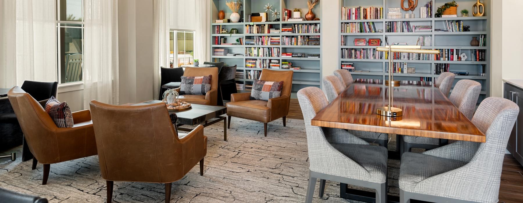 tables and chairs in library